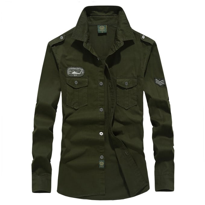 Chemise militaire pour homme en coton à manches longues avec écussons - Top Militaire