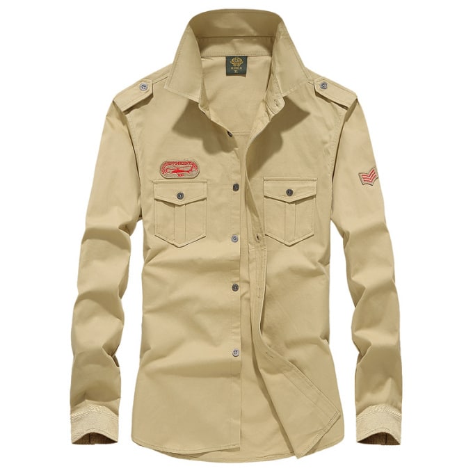 Chemise militaire pour homme en coton à manches longues avec écussons - Top Militaire