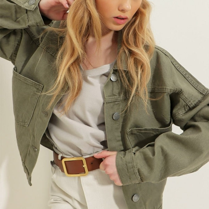 Blouson militaire kaki en jean pour femme - Top Militaire