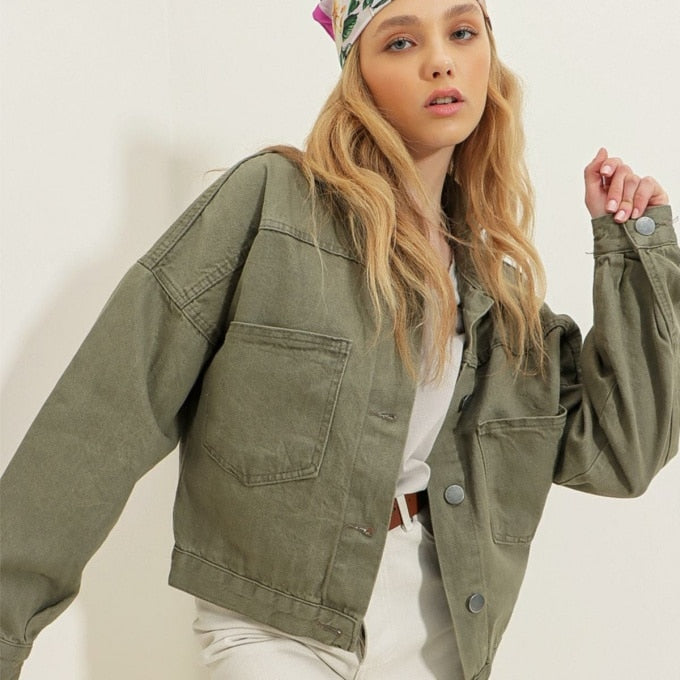 Blouson militaire kaki en jean pour femme - Top Militaire