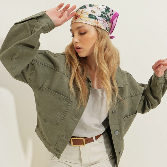 Blouson militaire kaki en jean pour femme - Top Militaire