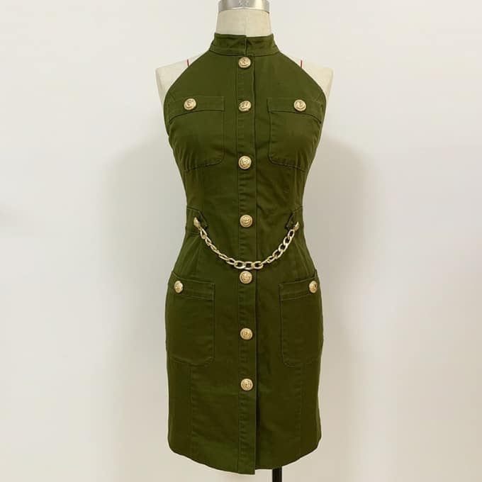 Robe sans manches kaki chaîne dorée de style militaire - Top Militaire