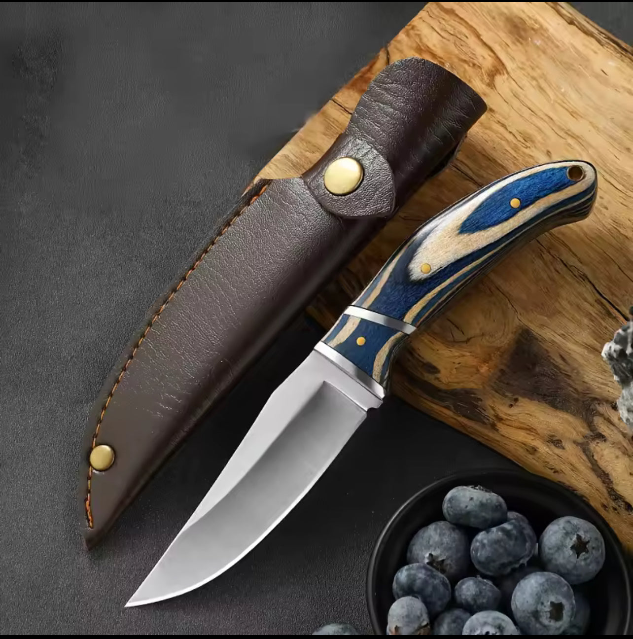 Couteau de Chasse avec Étui en Cuir – Lame 8,8 cm | Manche Bois Design