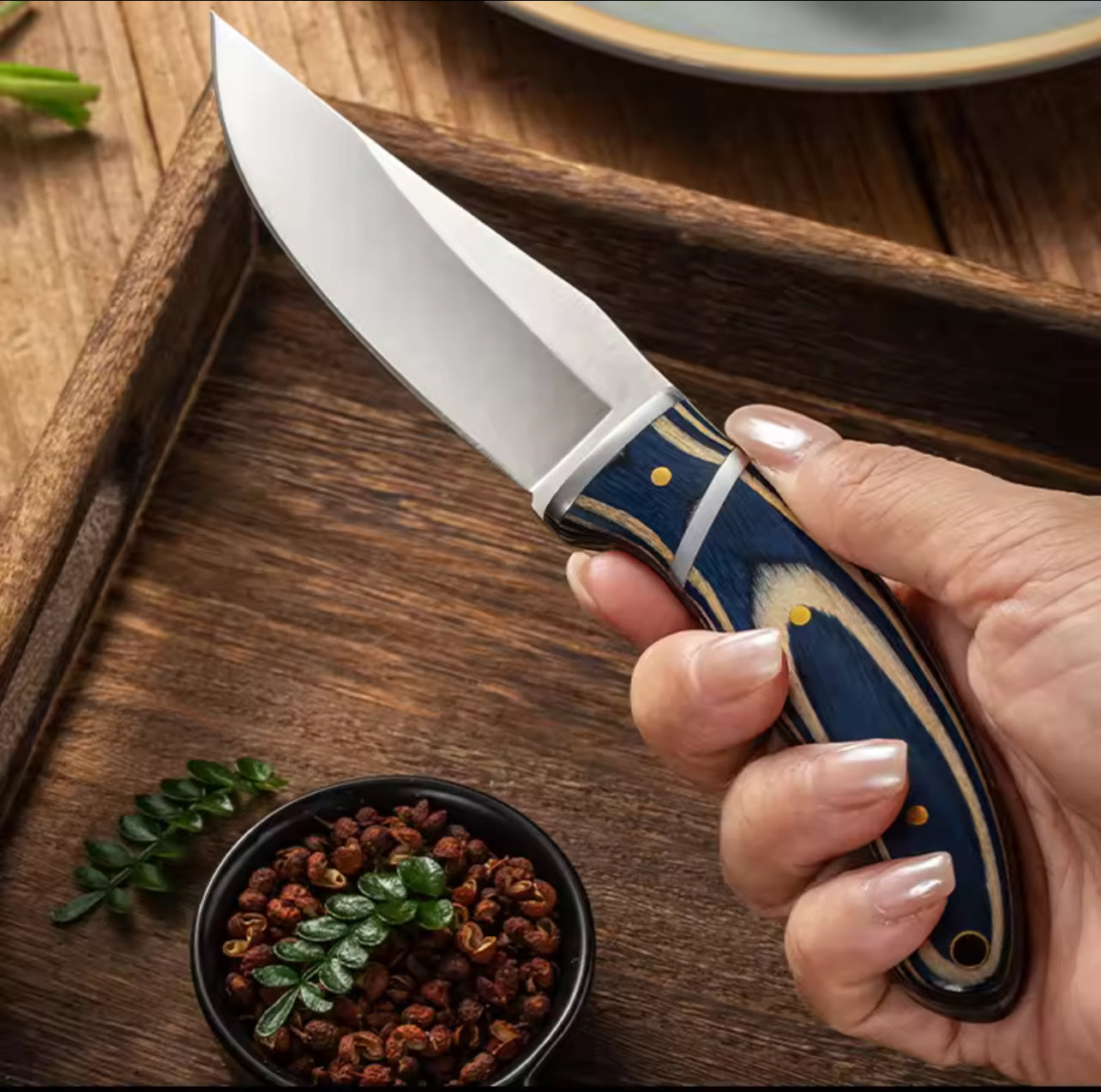 Couteau de Chasse avec Étui en Cuir – Lame 8,8 cm | Manche Bois Design