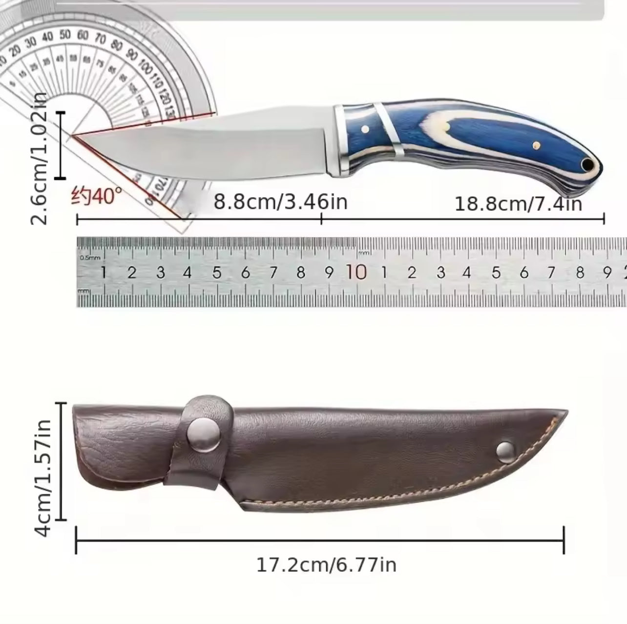 Couteau de Chasse avec Étui en Cuir – Lame 8,8 cm | Manche Bois Design