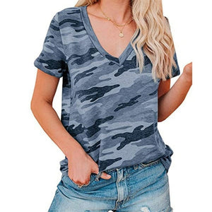 T-Shirt camouflage manches courtes à col v pour femme - Top Militaire