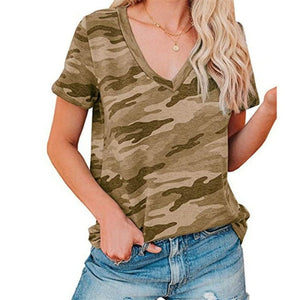 T-Shirt camouflage manches courtes à col v pour femme - Top Militaire