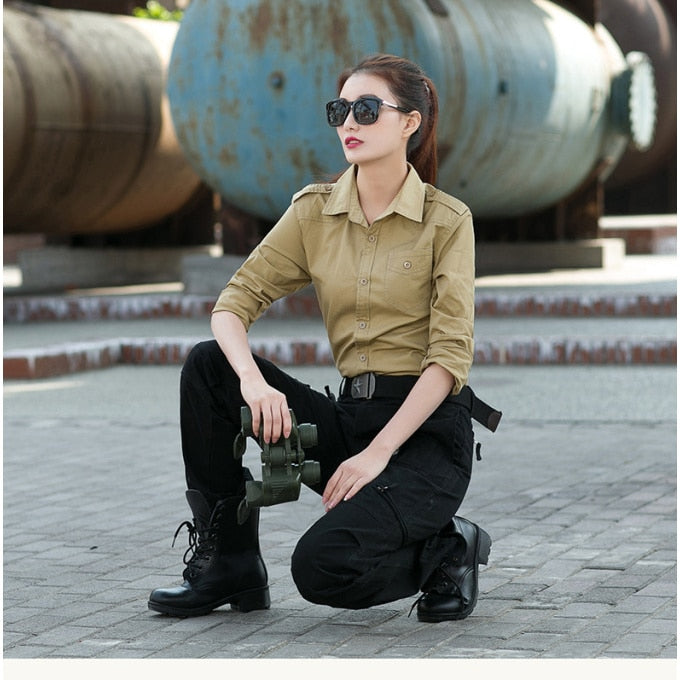 Chemise militaire à manches longues en coton pour femme - Top Militaire