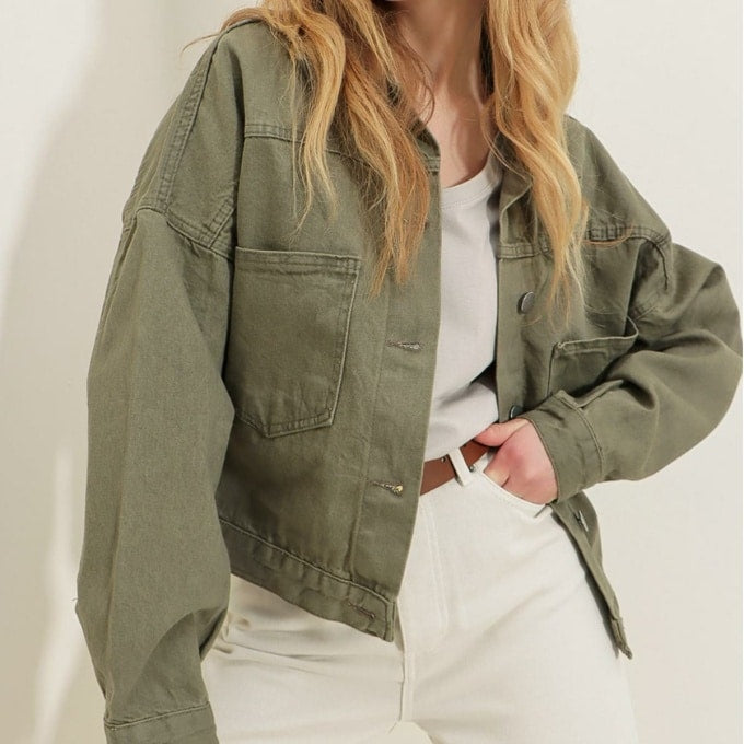 Blouson militaire kaki en jean pour femme - Top Militaire