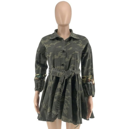 Robe en denim à manches longues tenue camouflage femme - Top Militaire