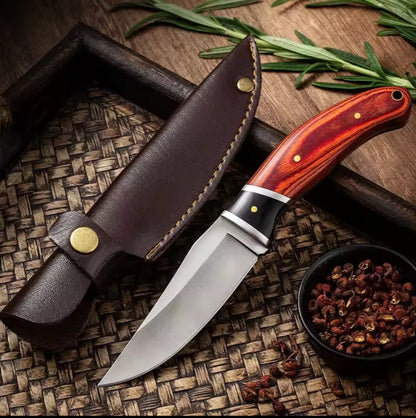 Couteau de Chasse avec Étui en Cuir – Lame 8,8 cm | Manche Bois Design