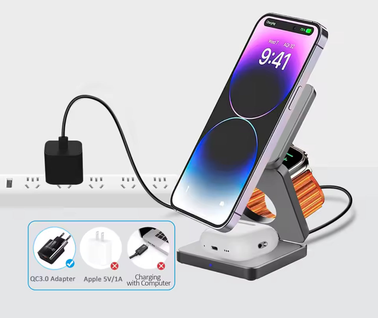 Chargeur sans fil 3 en 1 pliable magnétique – Station rapide pour iPhone 15/14/13/12 Pro Max, Apple Watch 8/9 et AirPods - Top Militaire