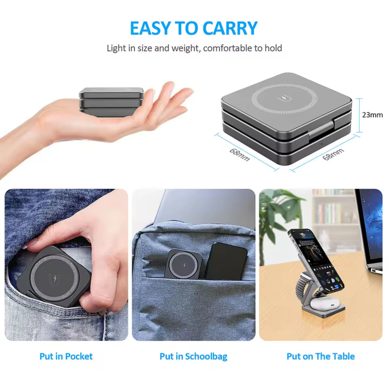 Chargeur sans fil 3 en 1 pliable magnétique – Station rapide pour iPhone 15/14/13/12 Pro Max, Apple Watch 8/9 et AirPods - Top Militaire