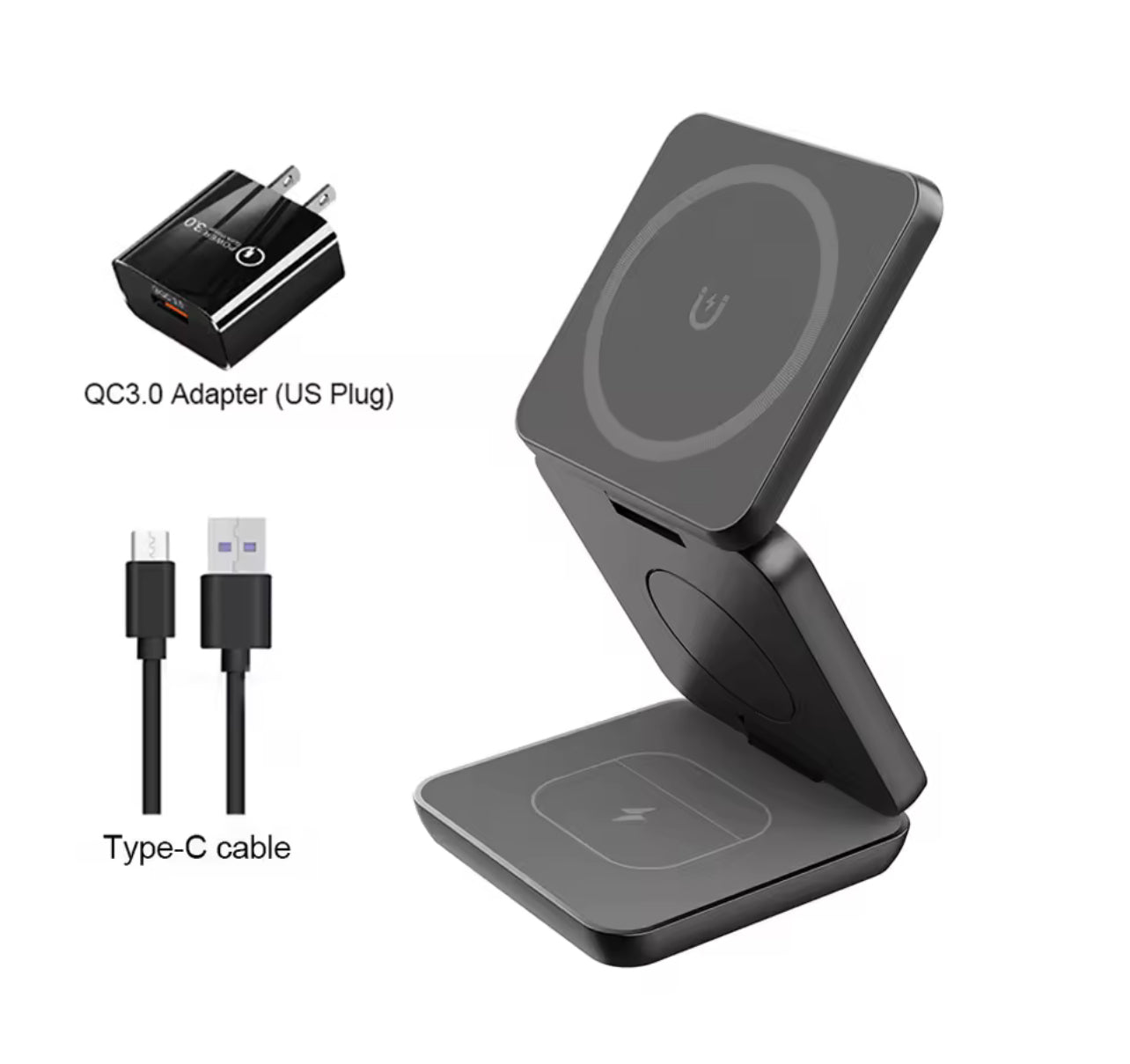 Chargeur sans fil 3 en 1 pliable magnétique – Station rapide pour iPhone 15/14/13/12 Pro Max, Apple Watch 8/9 et AirPods - Top Militaire