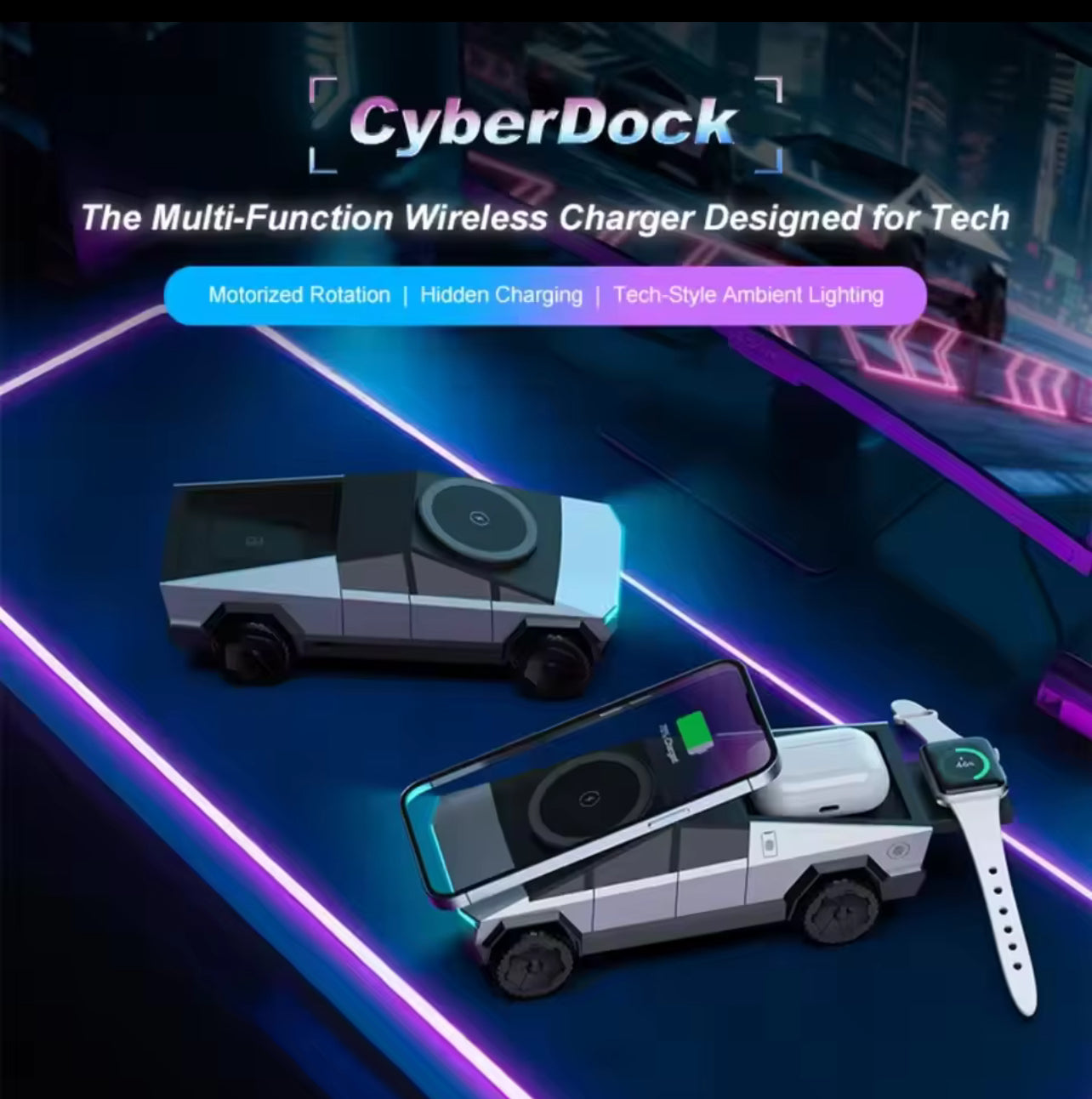 Station de recharge sans fil CyberDock 3 en 1 – Support bureau design voiture futuriste avec LED pour iPhone 16/15/14 Pro Max, AirPods & Apple Watch - Top Militaire