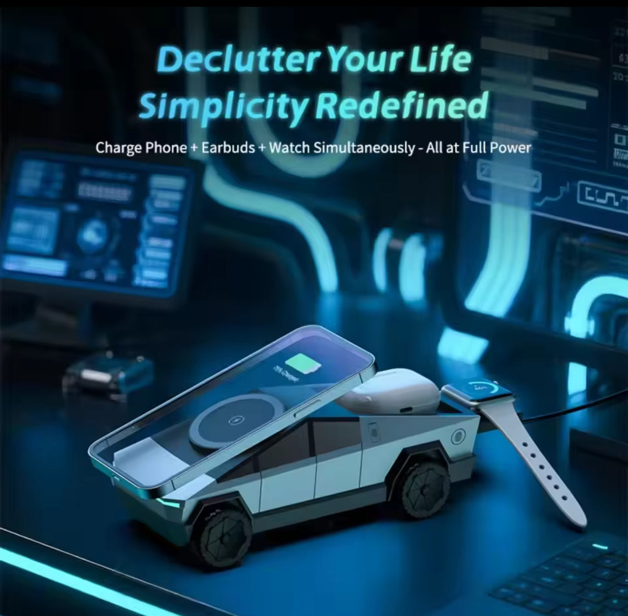 Station de recharge sans fil CyberDock 3 en 1 – Support bureau design voiture futuriste avec LED pour iPhone 16/15/14 Pro Max, AirPods & Apple Watch - Top Militaire