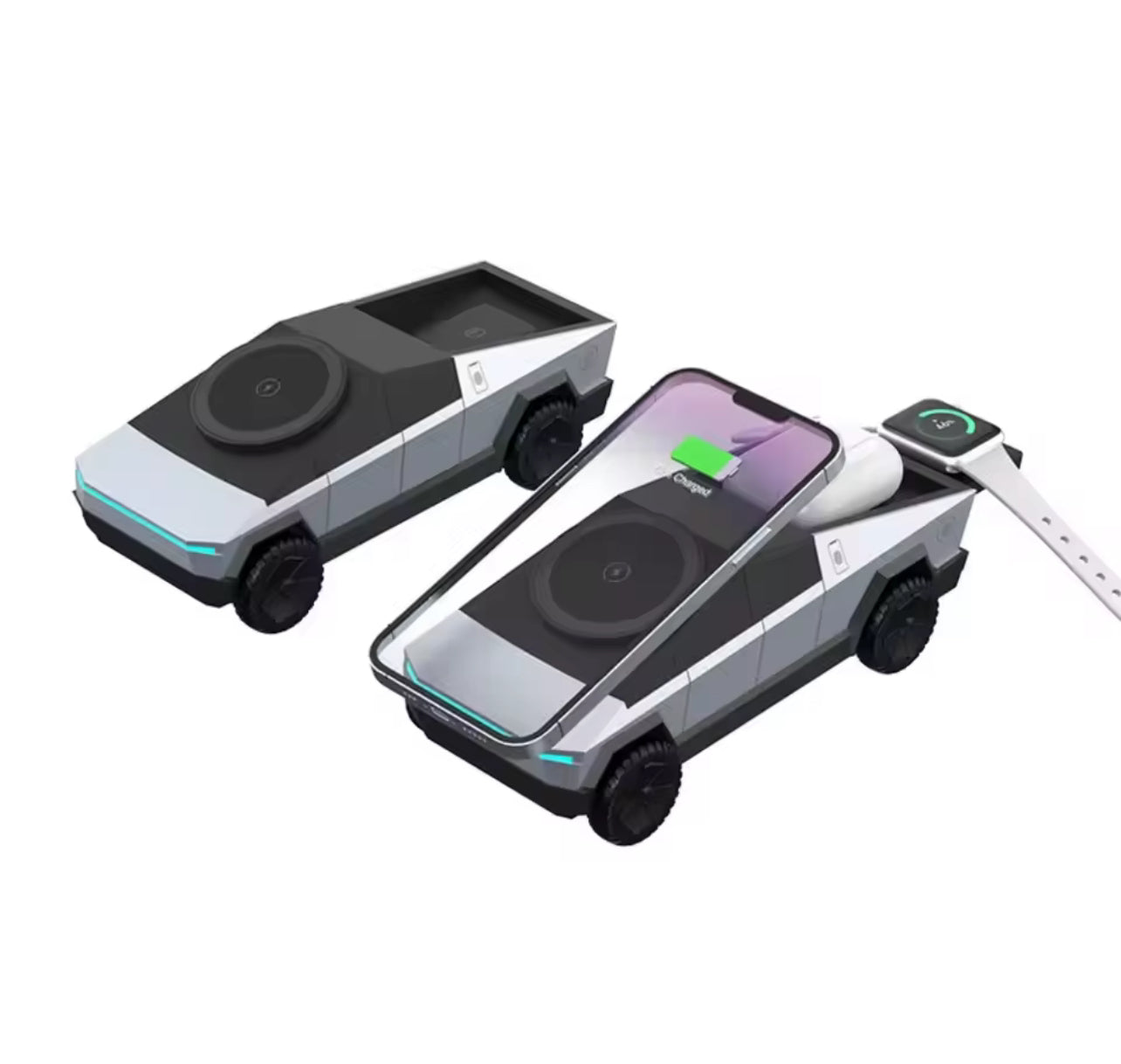 Station de recharge sans fil CyberDock 3 en 1 – Support bureau design voiture futuriste avec LED pour iPhone 16/15/14 Pro Max, AirPods & Apple Watch - Top Militaire