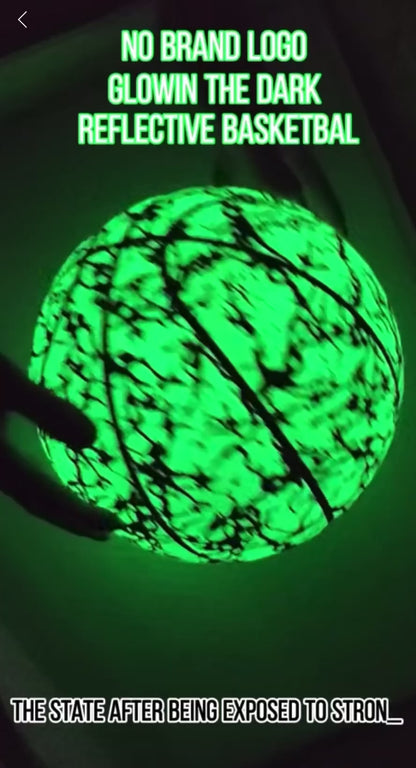 Ballon de basket lumineux réfléchissant – Brillant jour & nuit, résistant à l’usure, tailles 7/6/5, entraînement et loisirs en cuir PU souple